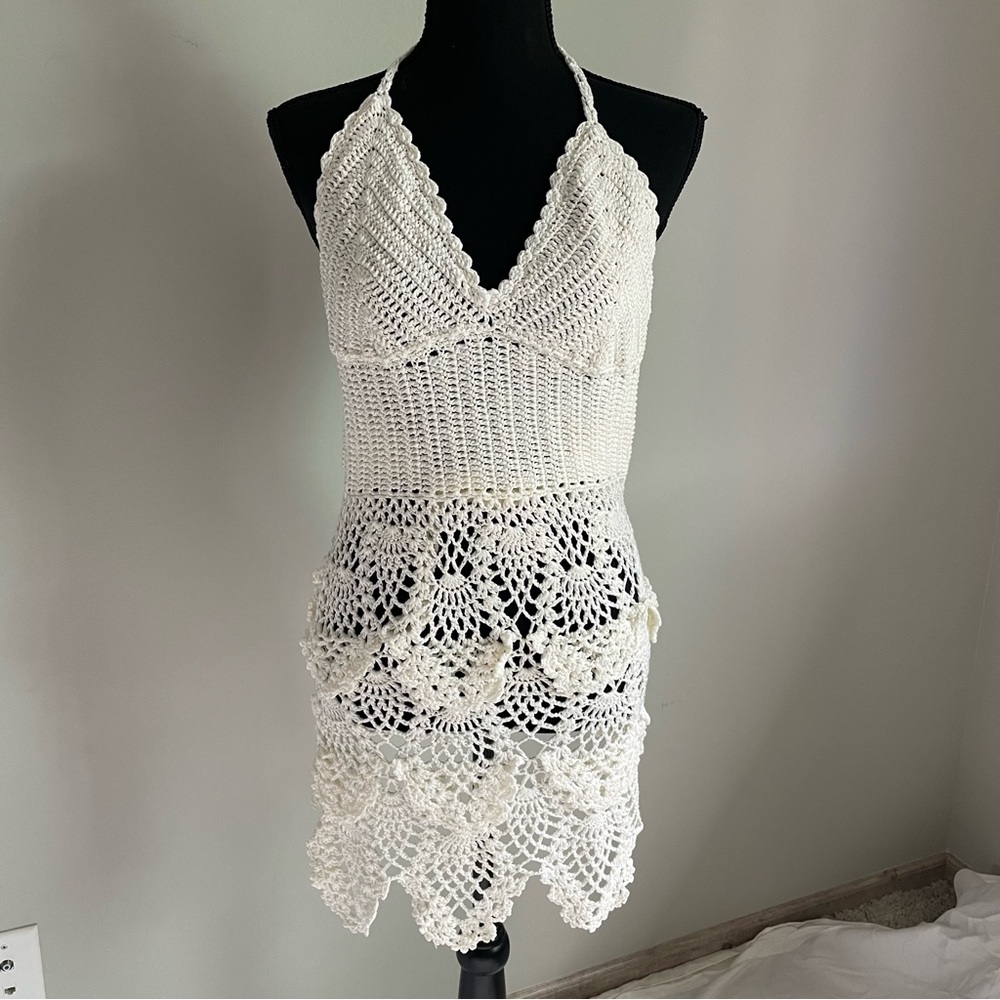 White Crochet Halter Dress